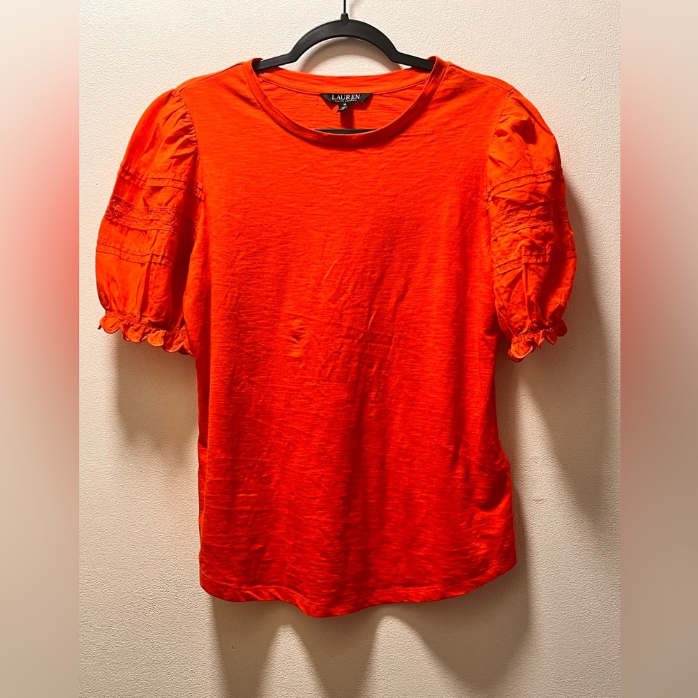 Lauren Babydoll Puff Sleeve Trendy Boho T-Shirt, Women’s, Sz M, Bright Orange.